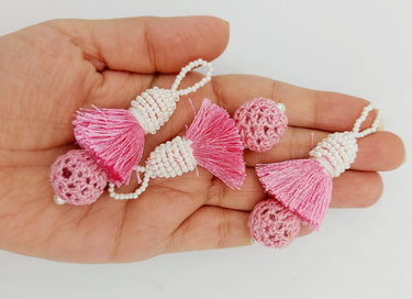 Pink Crochet Ball Tassels With White Pearls Beads, Tassel Charms, Nylon Tassels x 2